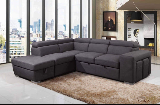 Pasadena Large Sleeper Sectional Sofa Bed with Storage Ottoman and 2 Stools - Furniture Depot