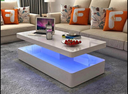 Cecilia White High Gloss Lacquer Coffee Table with LED light and Storage Drawer - Furniture Depot