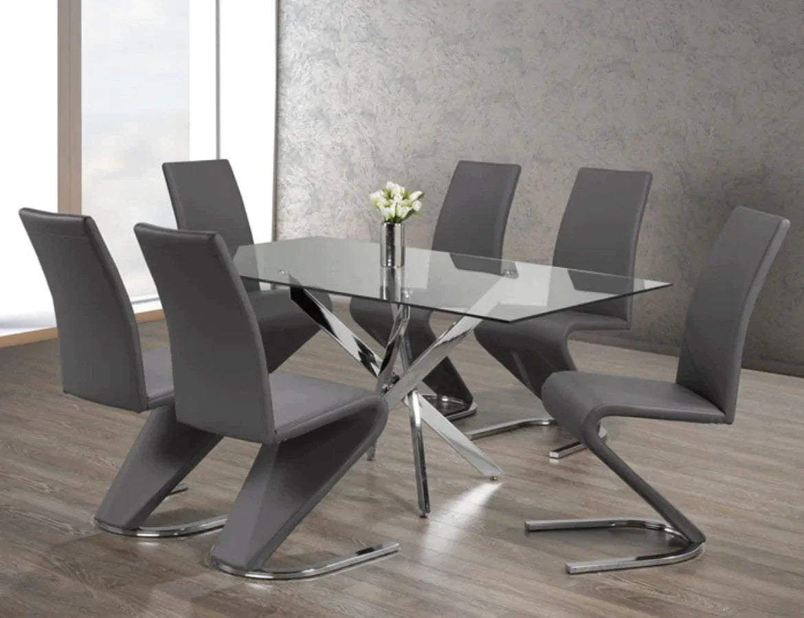 Soho 7pcs Glass Dining Set w/ Z-Shape Chairs - Furniture Depot