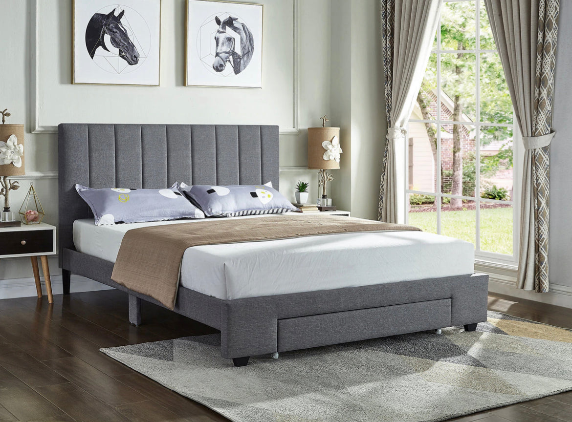 Lennox Grey Fabric Platform Bed w/ Storage Drawer - Furniture Depot