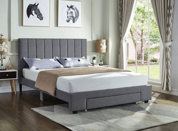 Lennox Grey Fabric Platform Bed w/ Storage Drawer - Furniture Depot