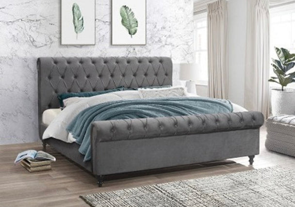 Victoria 197 Grey Velvet Tufted Sleigh Platform Bed - Furniture Depot