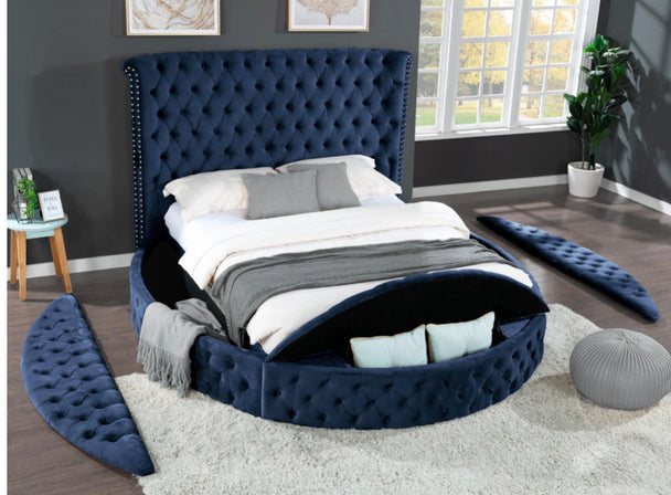 Samantha Blue Velvet Round Storage Bed - Furniture Depot