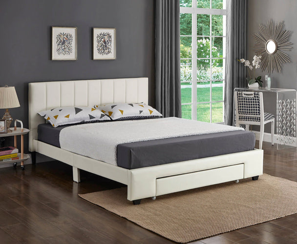 Lennox White PU Platform Bed w/ Storage Drawer - Furniture Depot