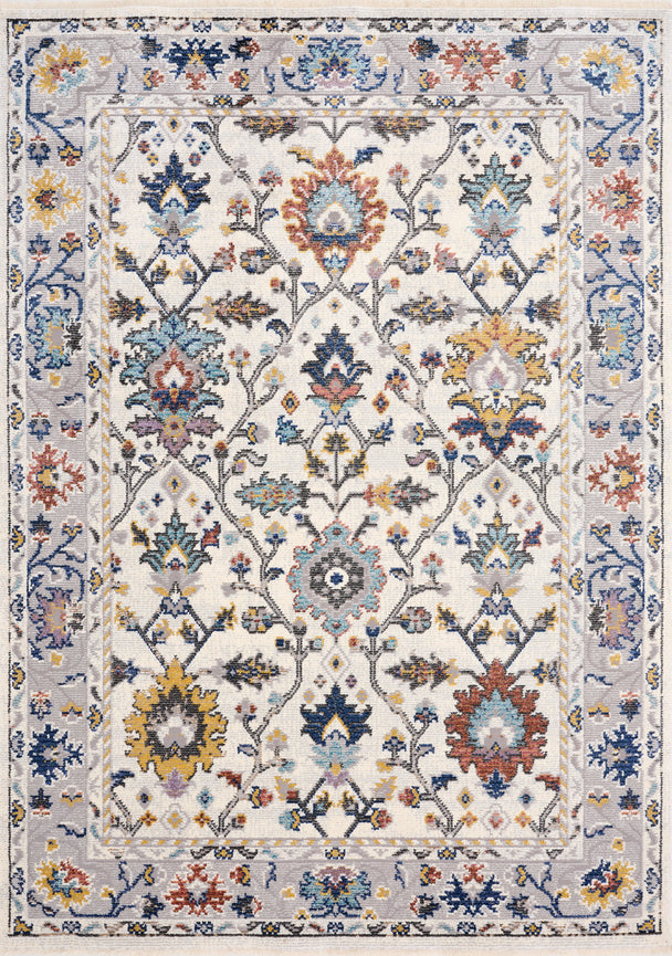 Evora Cream Pink Blue Yellow Floral Vine Border Rug - Furniture Depot