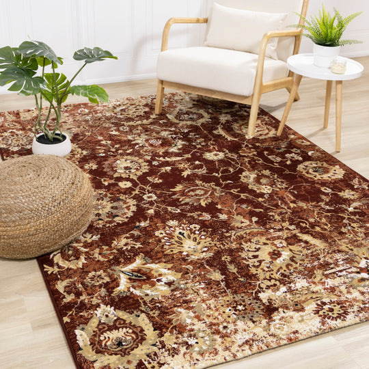 Claro Red Beige Traditional Plush Rug - Furniture Depot