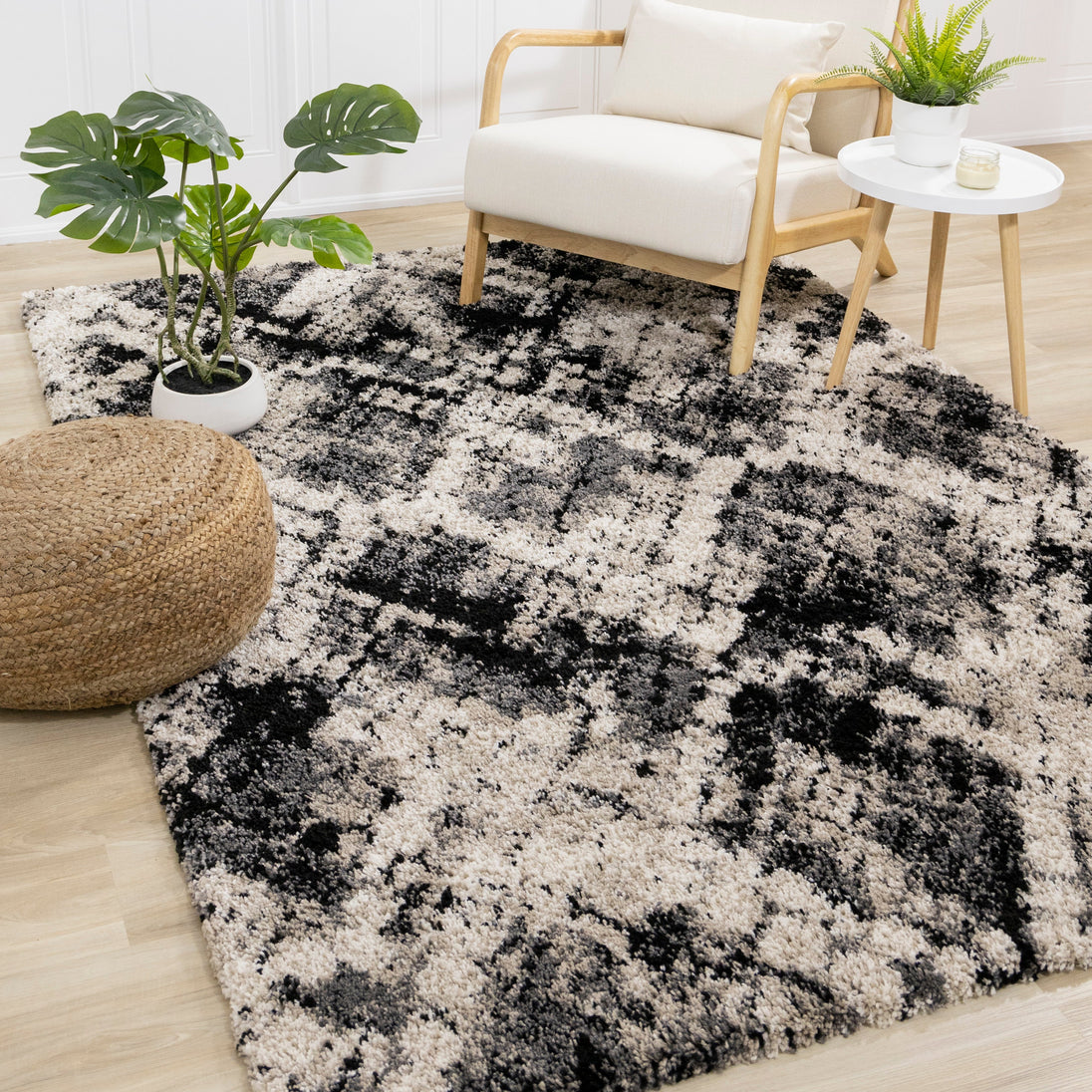 Maroq Cream Grey Beige Distressed Diamond Shag Rug - Furniture Depot