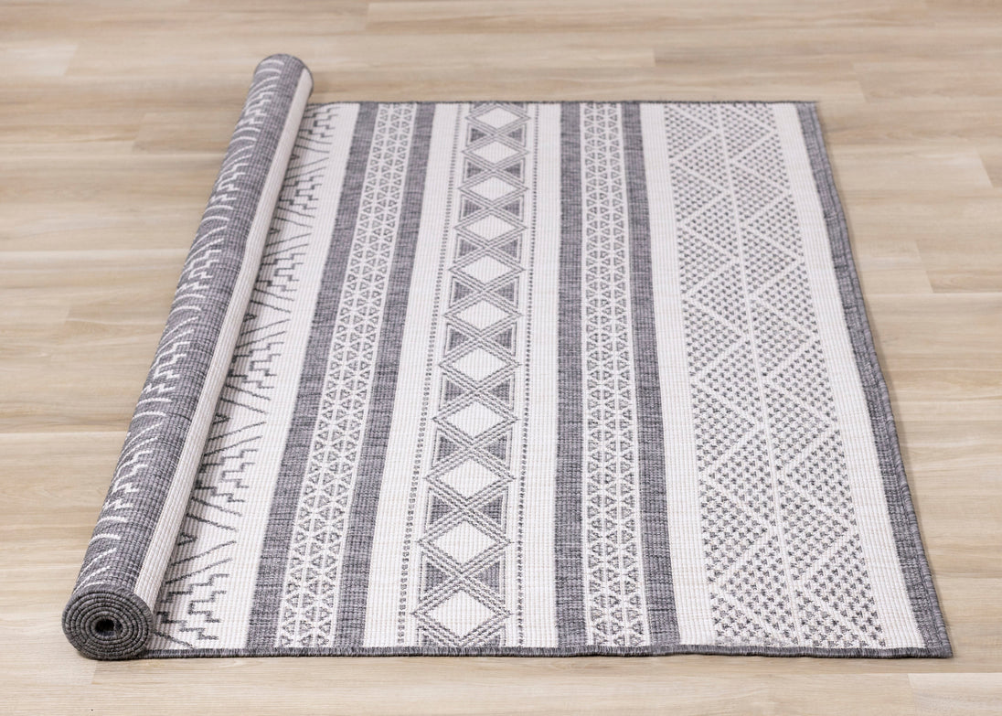 Bristol Reversible Grey White Striped Pattern Outdoor Rug - Furniture Depot