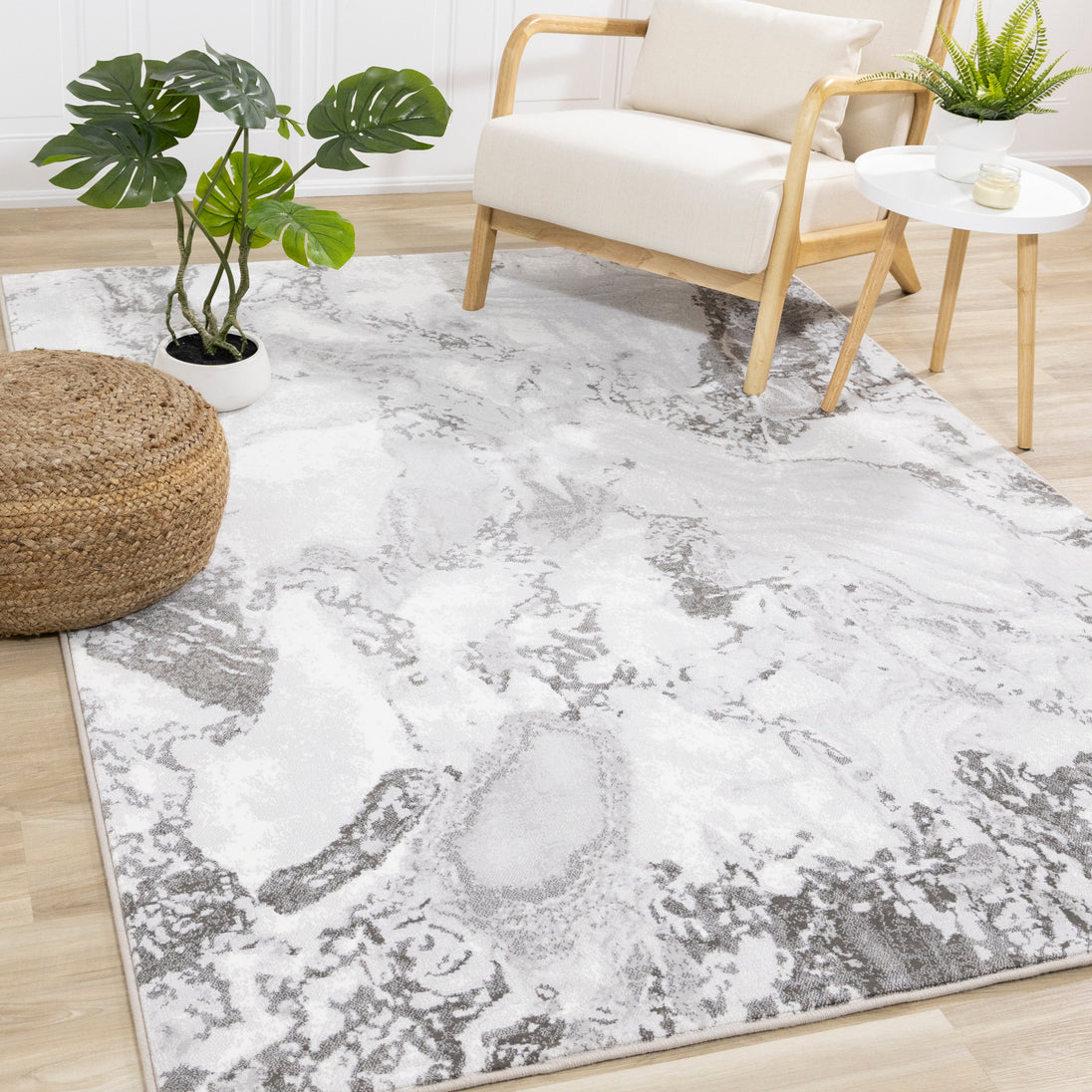 Intrigue White Grey Marble Swirl Rug - Furniture Depot