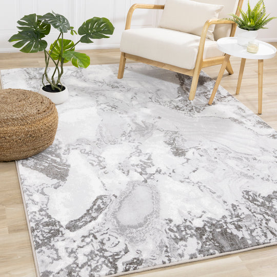 Intrigue White Grey Marble Swirl Rug - Furniture Depot