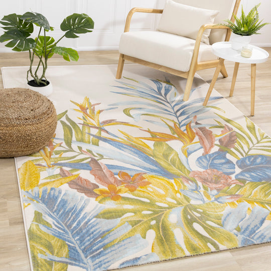 Belle Blue Pink Yellow Green Tropical Plant Rug - Furniture Depot