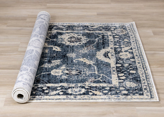 Sidra Distressed Blue Cream Border Rug - Furniture Depot