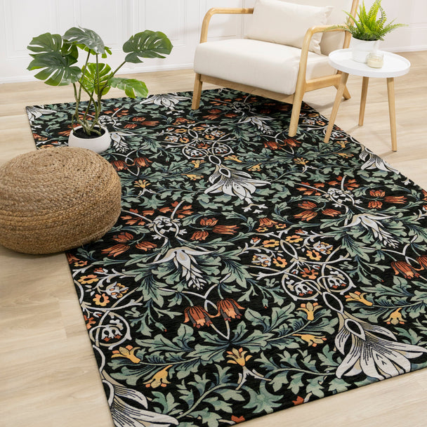 Cathedral Green Black Red Grey Yellow Symmetrical Floral Print Rug - Furniture Depot