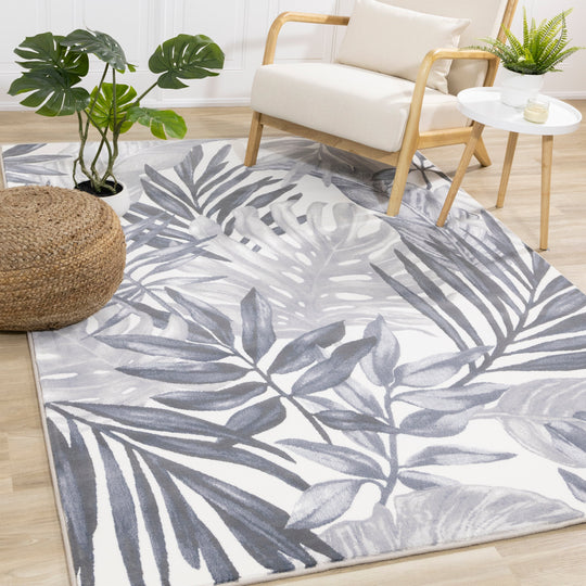 Intrigue Blue White Palm Fronds Plush Rug - Furniture Depot