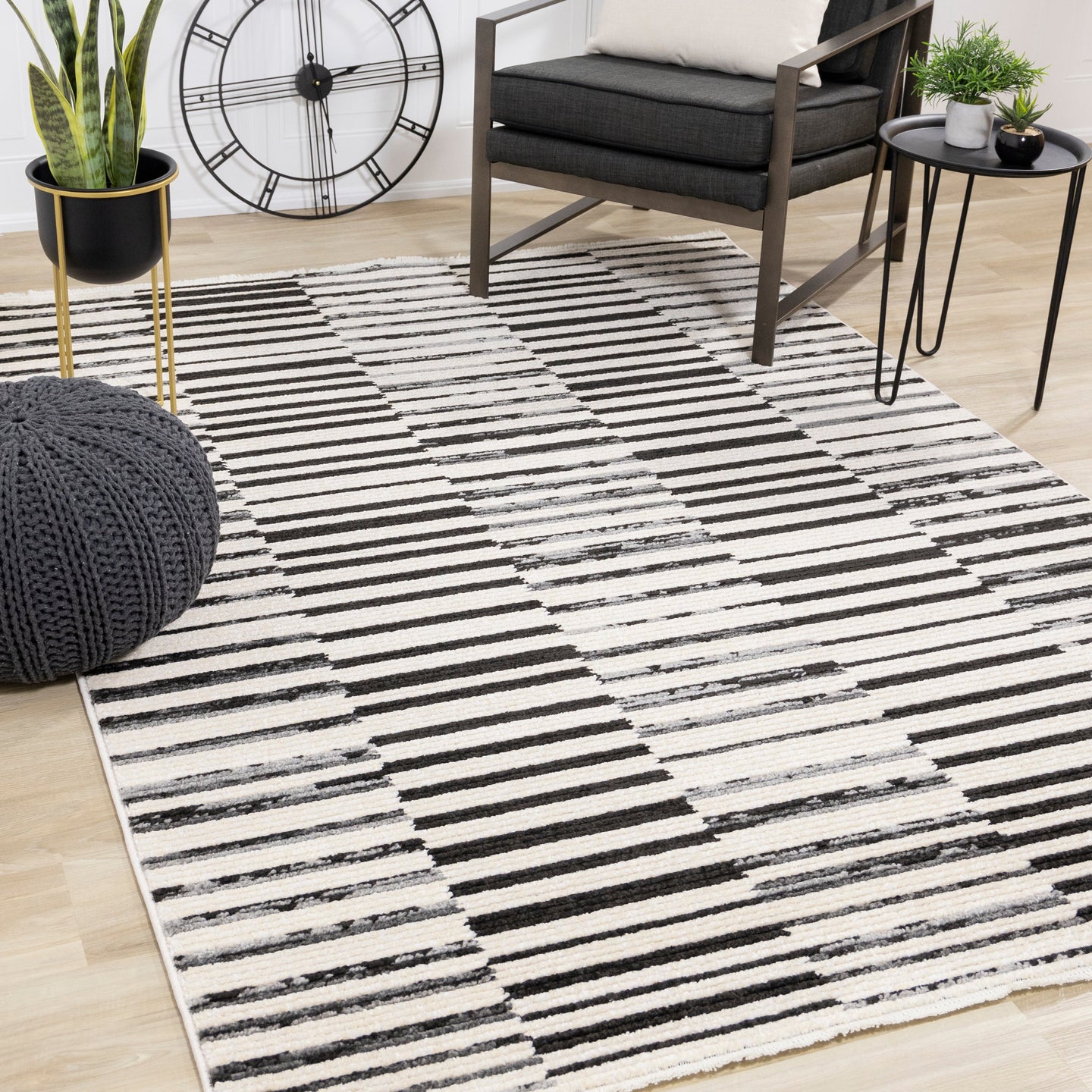 Calabar Cream Black Grey Alternating Stripes Rug - Furniture Depot