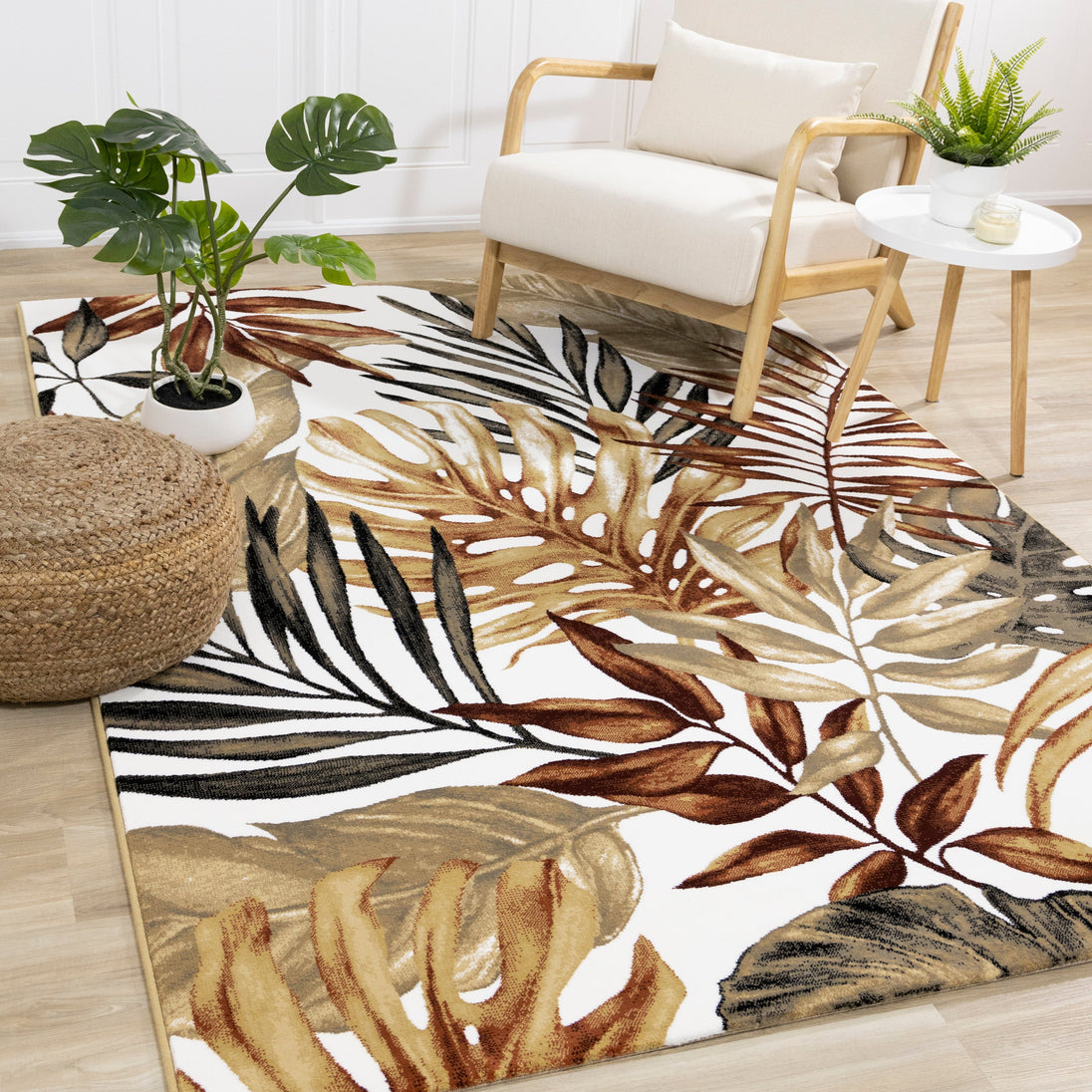 Claro White Beige Grey Palm Leaf Pattern Rug - Furniture Depot