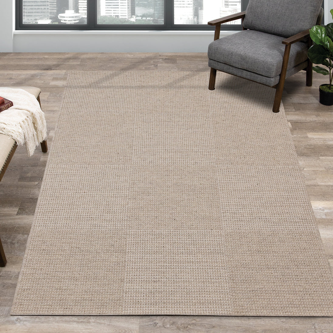 Peak Beige Variegated Texture Block Wool Rug - Furniture Depot