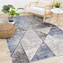 Load image into Gallery viewer, Darcy Grey Cream Blue Angular Carved Pile Rug - Furniture Depot