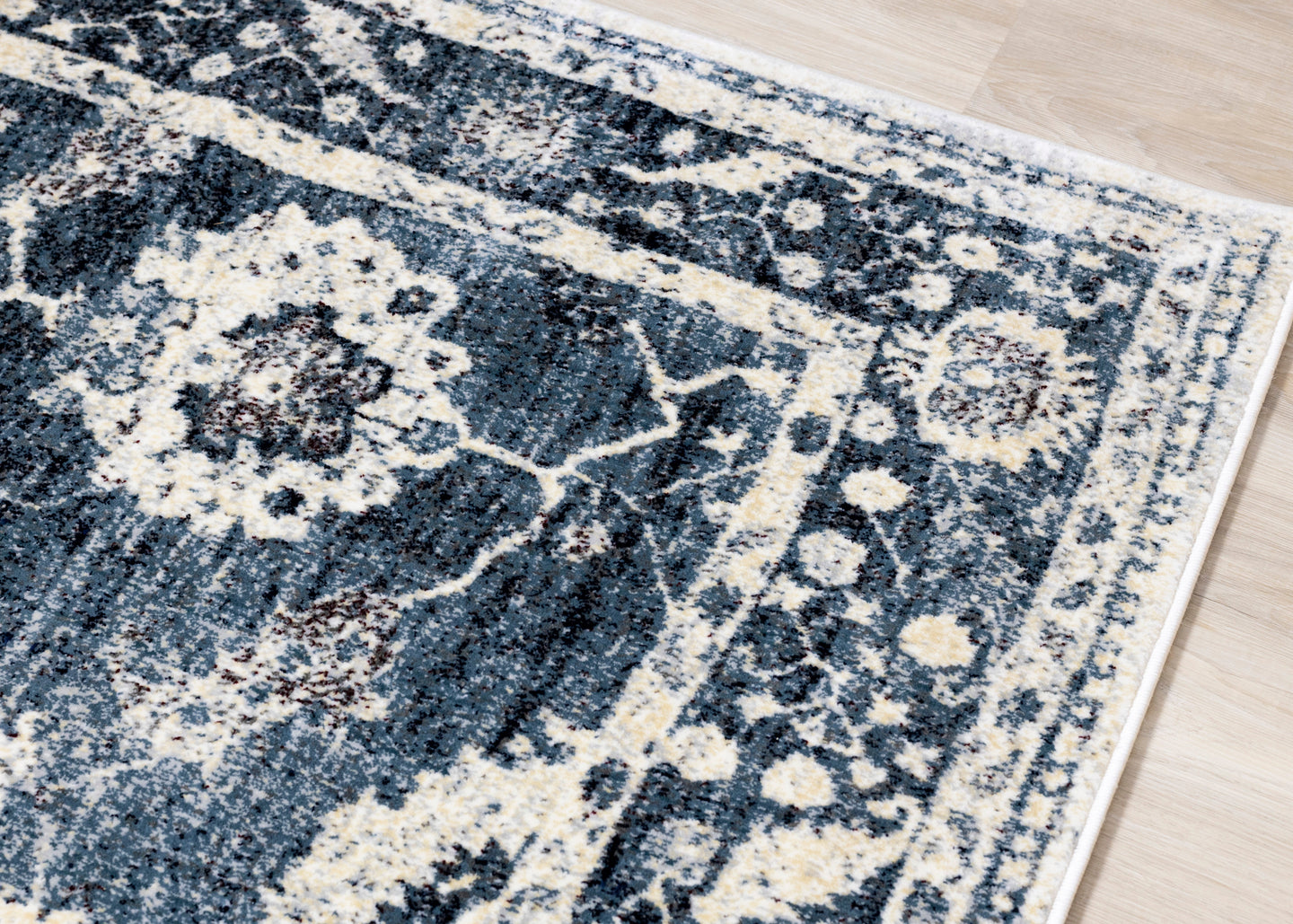 Sidra Distressed Blue Cream Border Rug - Furniture Depot