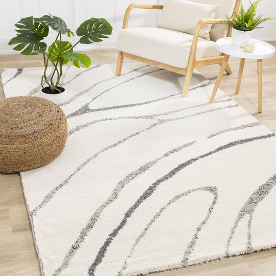 Ravine Cream Grey Wishbone Shag Rug - Furniture Depot