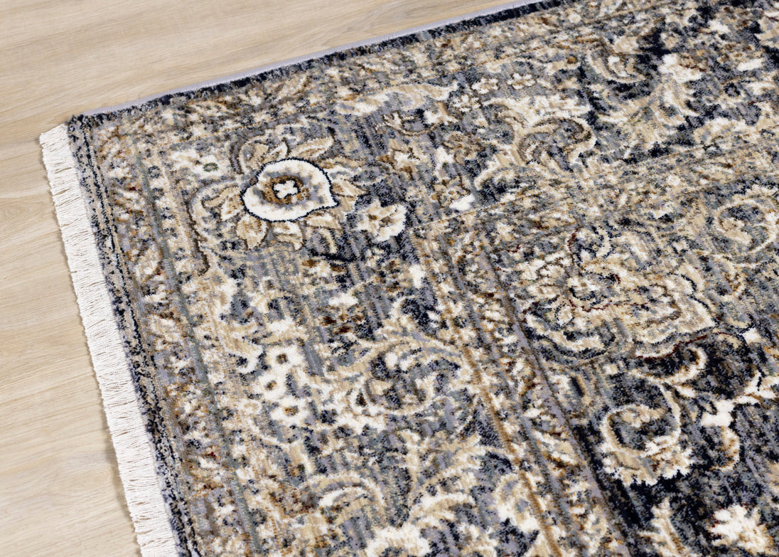 Serene Grey Beige Floral Medallion Border Rug - Furniture Depot