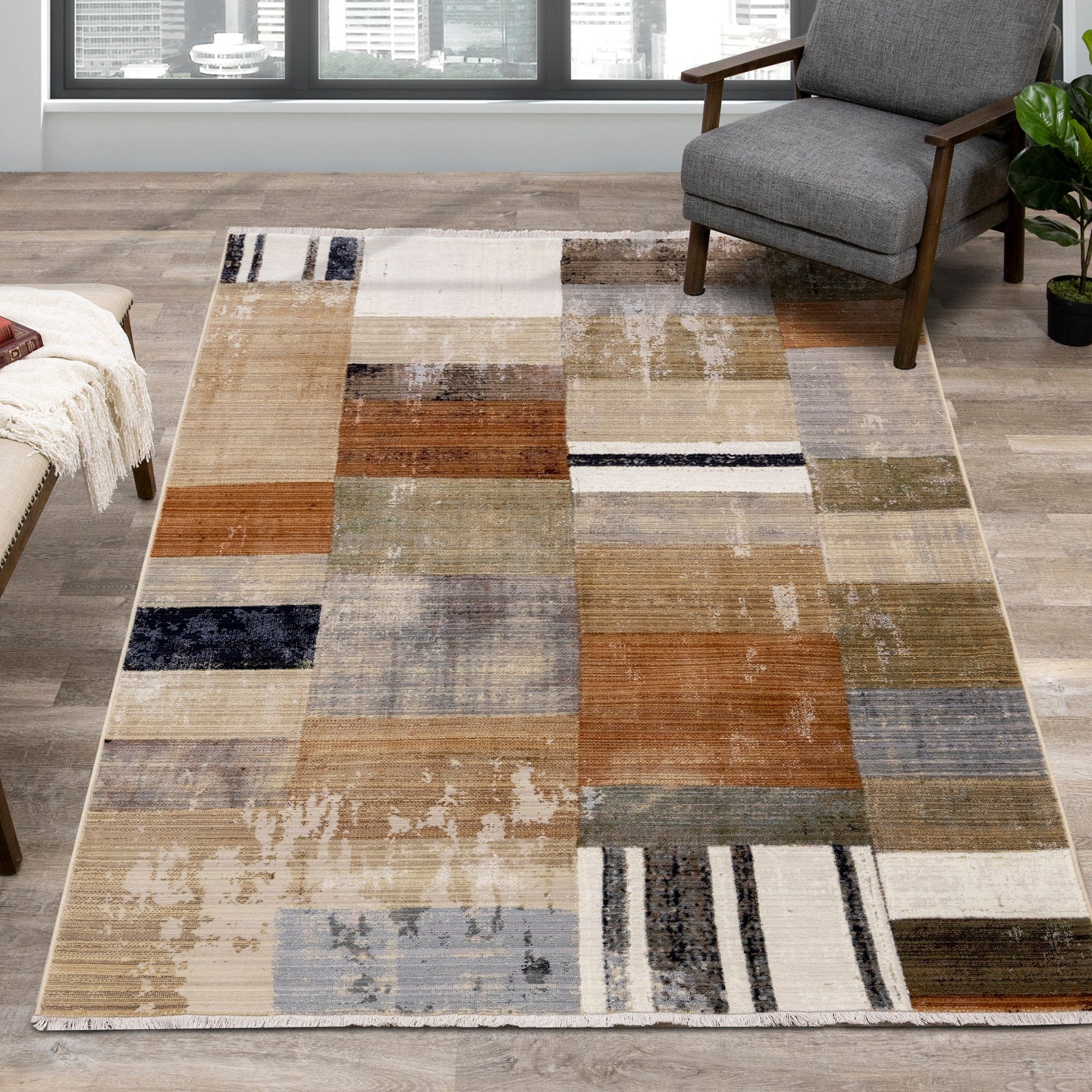 Serene Beige Orange Blue Cream Patchwork Quilt Design Rug - Furniture Depot